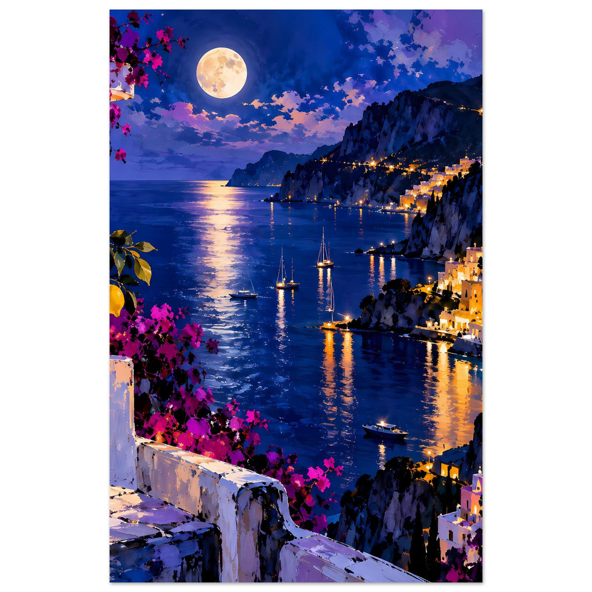Mediterrane Nachtlandschaft mit Mondspiegelung auf tiefblauem Meer