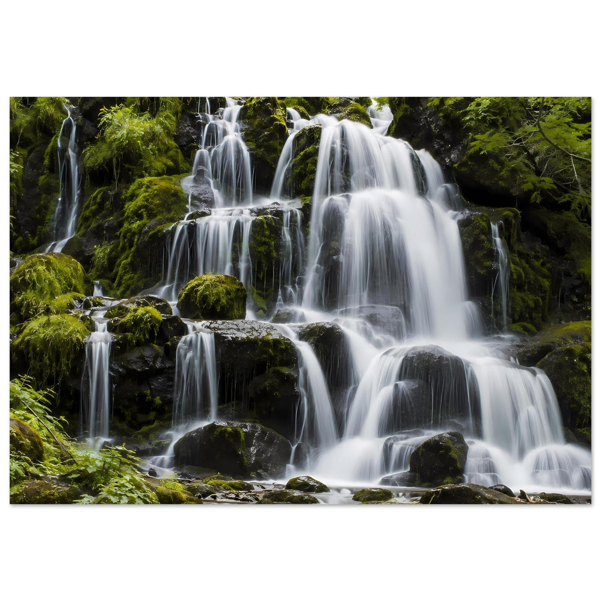 Wasserfall-Poster mit stufenförmigem Wasserabfall und moosbewachsenen Felsen