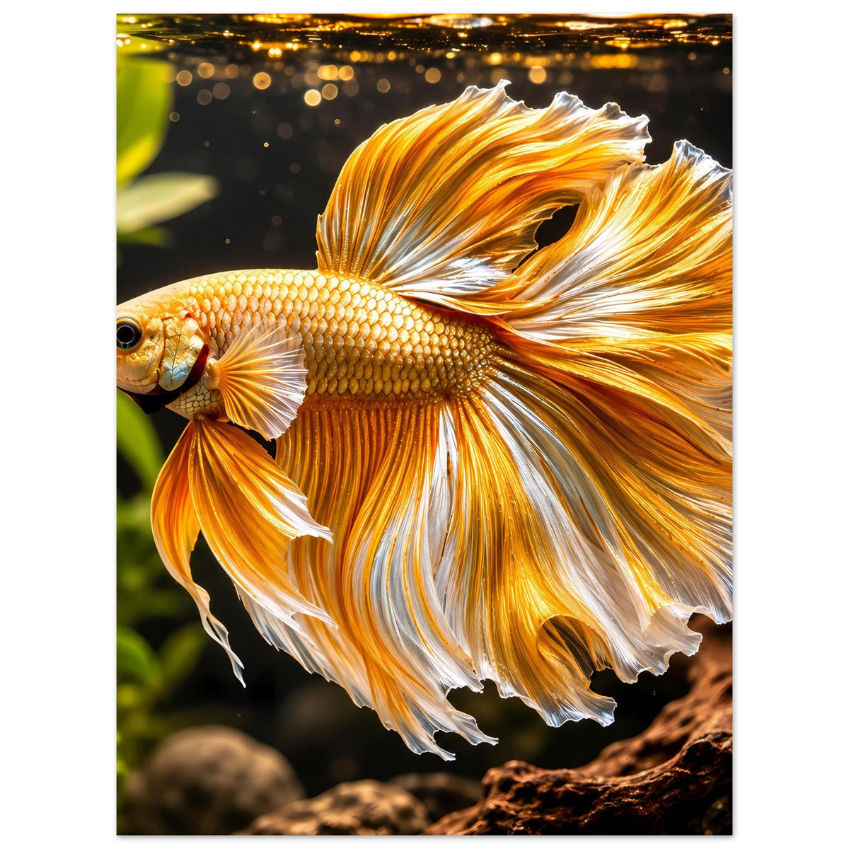 Poster mit gold-orangenem Betta, Blick nach links, lange, weiße und goldene Flossen