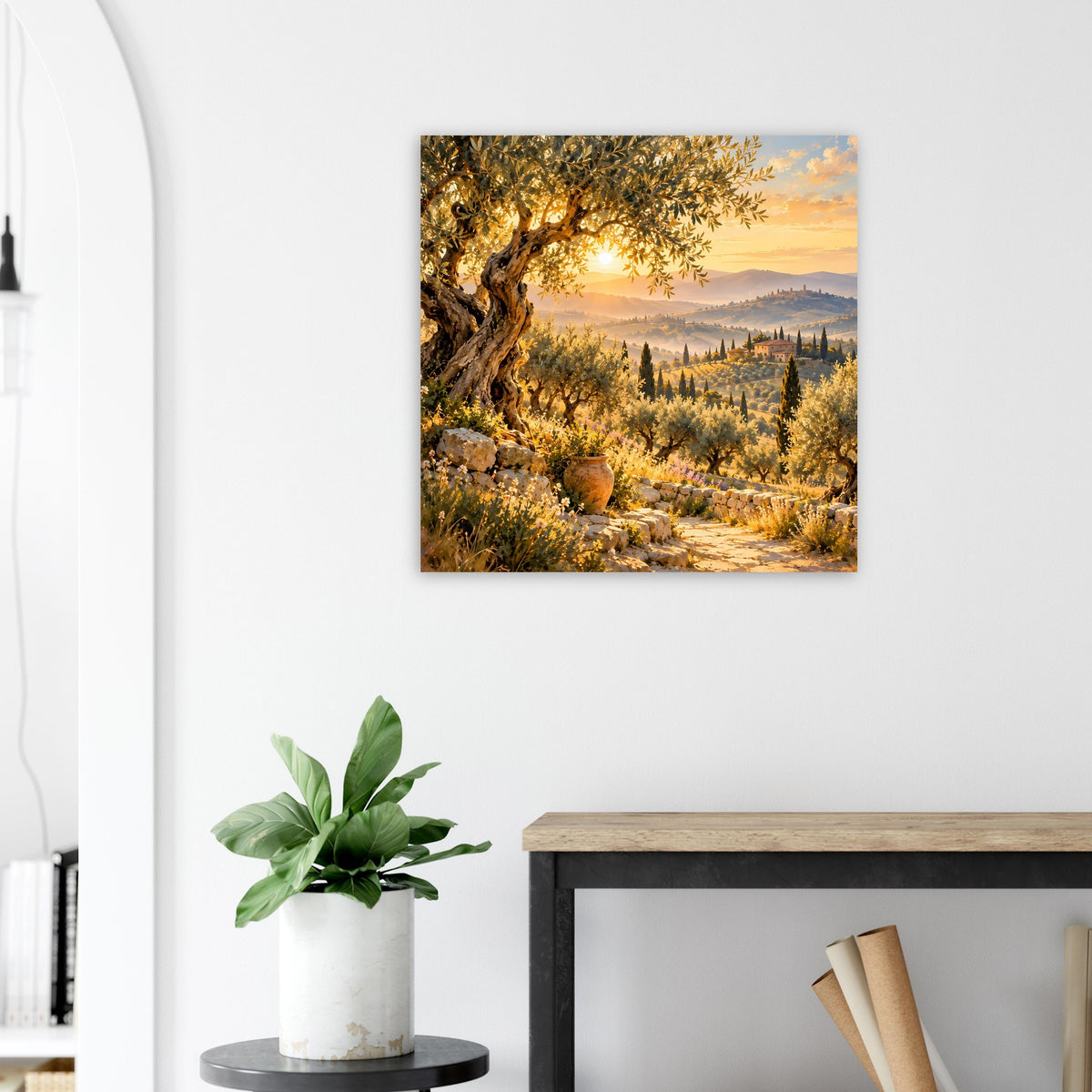 Quadratisches Poster mit goldenen Wiesen, Baum im Vordergrund und Sonnenuntergang