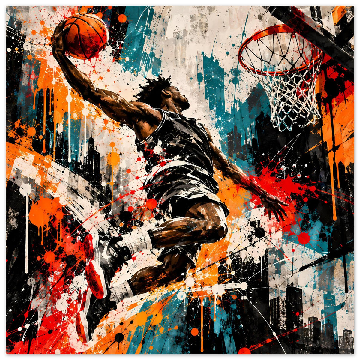 Basketball-Poster im Splash-Art-Look, Dunking-Spieler, Orangeball, Netz