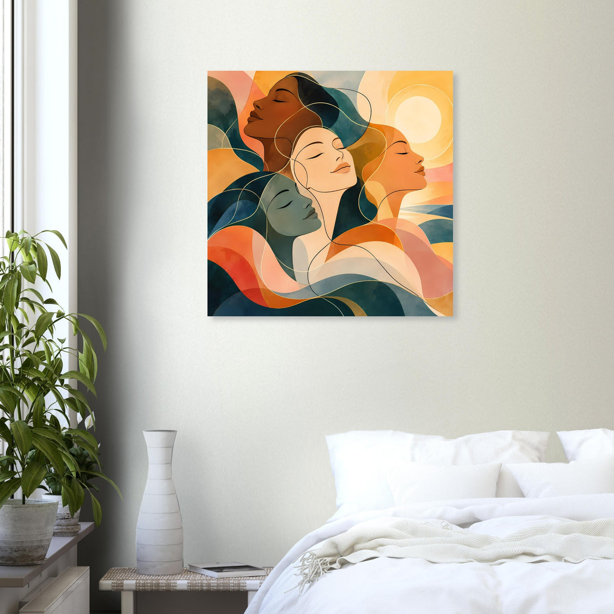 Quadratisches Kunstposter mit vier abstrakten Frauenporträts in warmen Farben und Blau