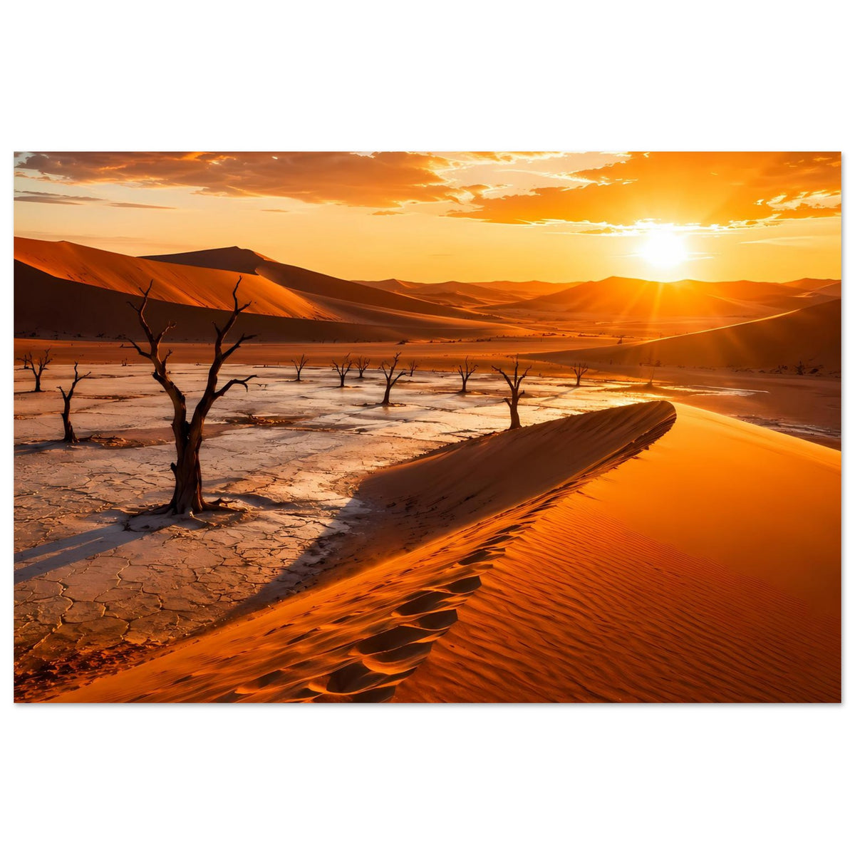 Poster mit Wüstenlandschaft: strahlende Sonne, Dünenhügel im Hintergrund und kahle Baumskulpturen