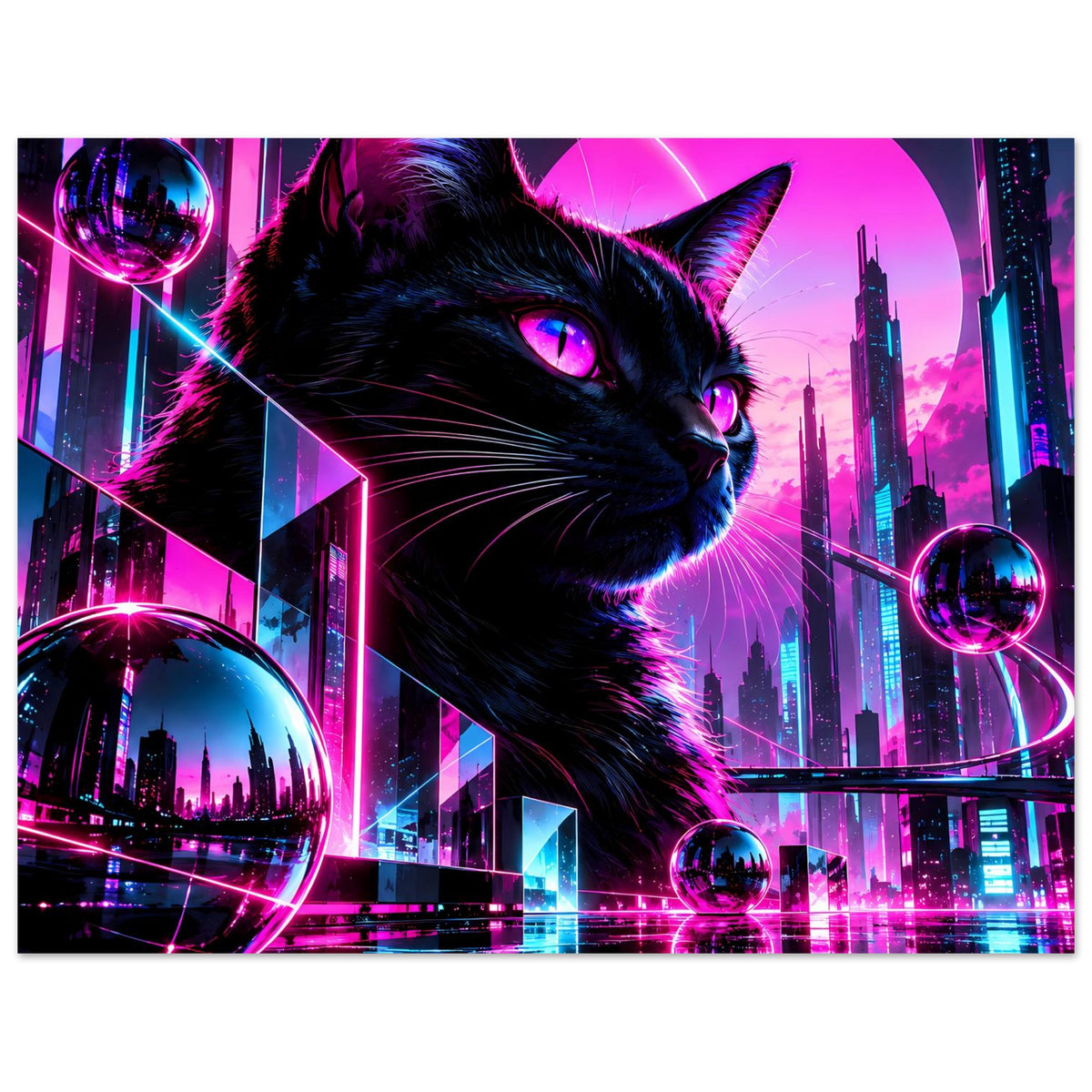 Neon-Katzenposter mit schwarzer Katze, pink-blauem Stadtbild und runden Leuchtelementen
