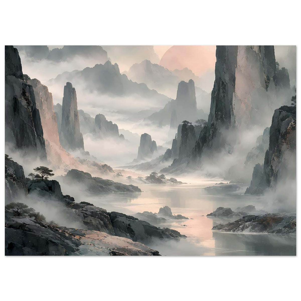Wandposter: Mystische Berglandschaft mit Nebel, Felsen und beruhigendem Gewässer im Pastelllicht