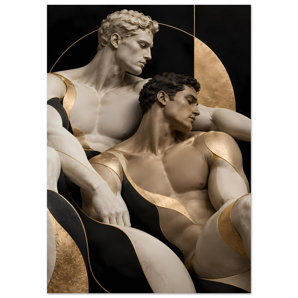 Sculpturales Poster mit antiken Figuren, halbseitiger Goldbogen und goldene Akzente