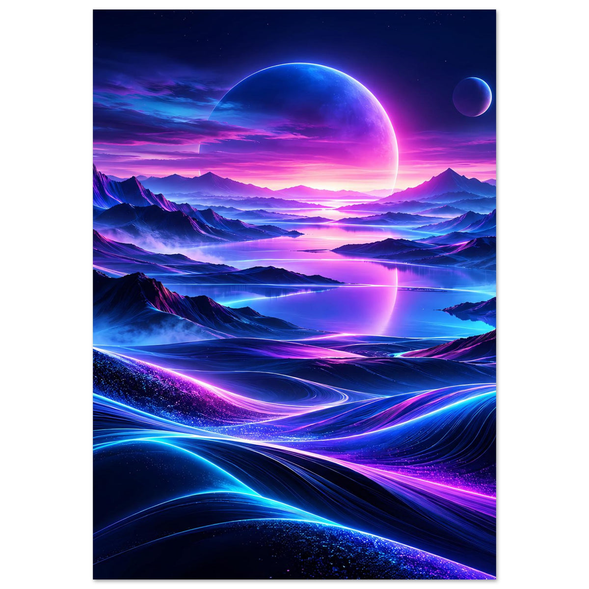 Neon-Weltraum-Poster im Hochformat mit großer Planetenscheibe und kleinem Planeten