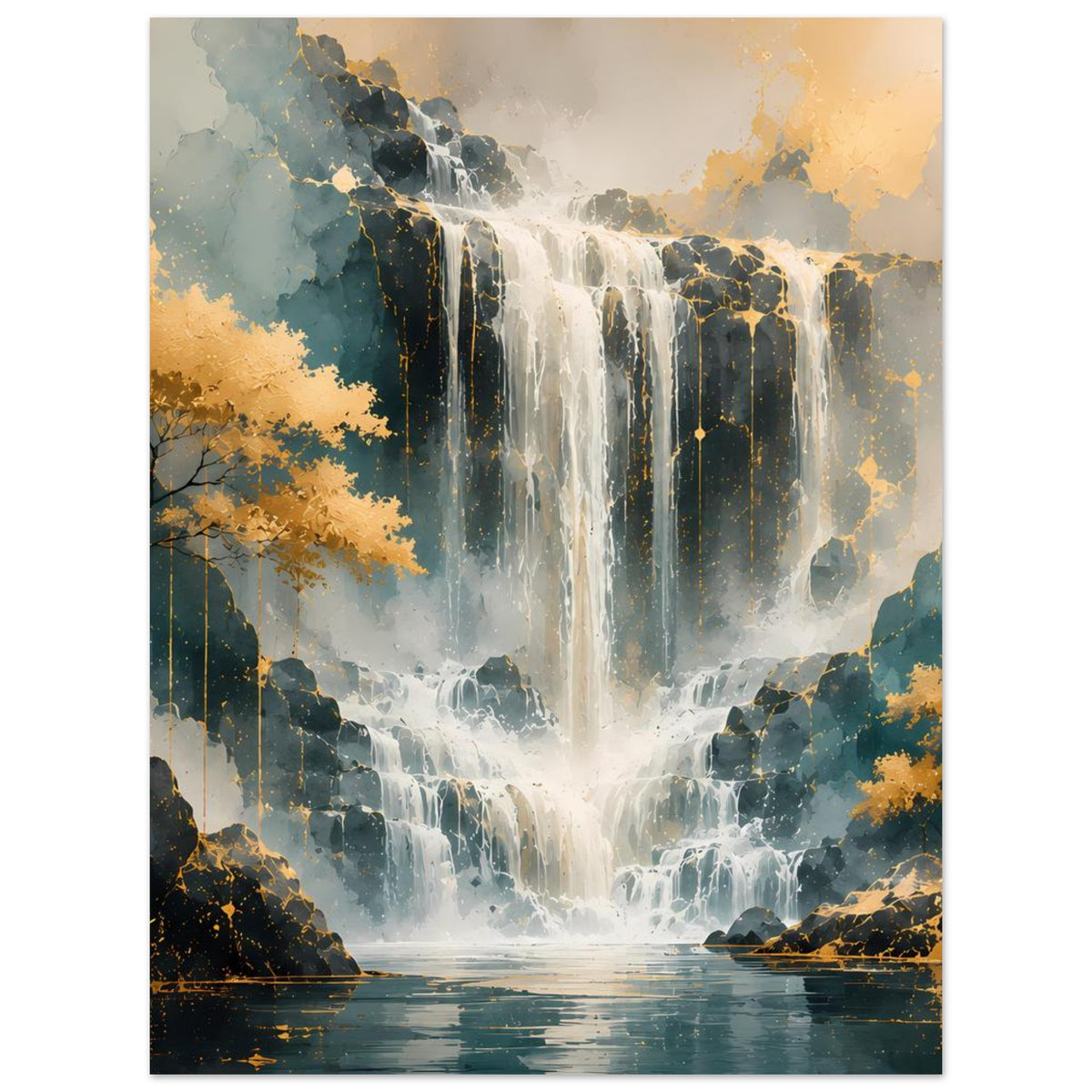 Wasserfall-Kunstdruck in Gold-Blau, vertikal, Posterprint mit ruhigem Wasserbecken