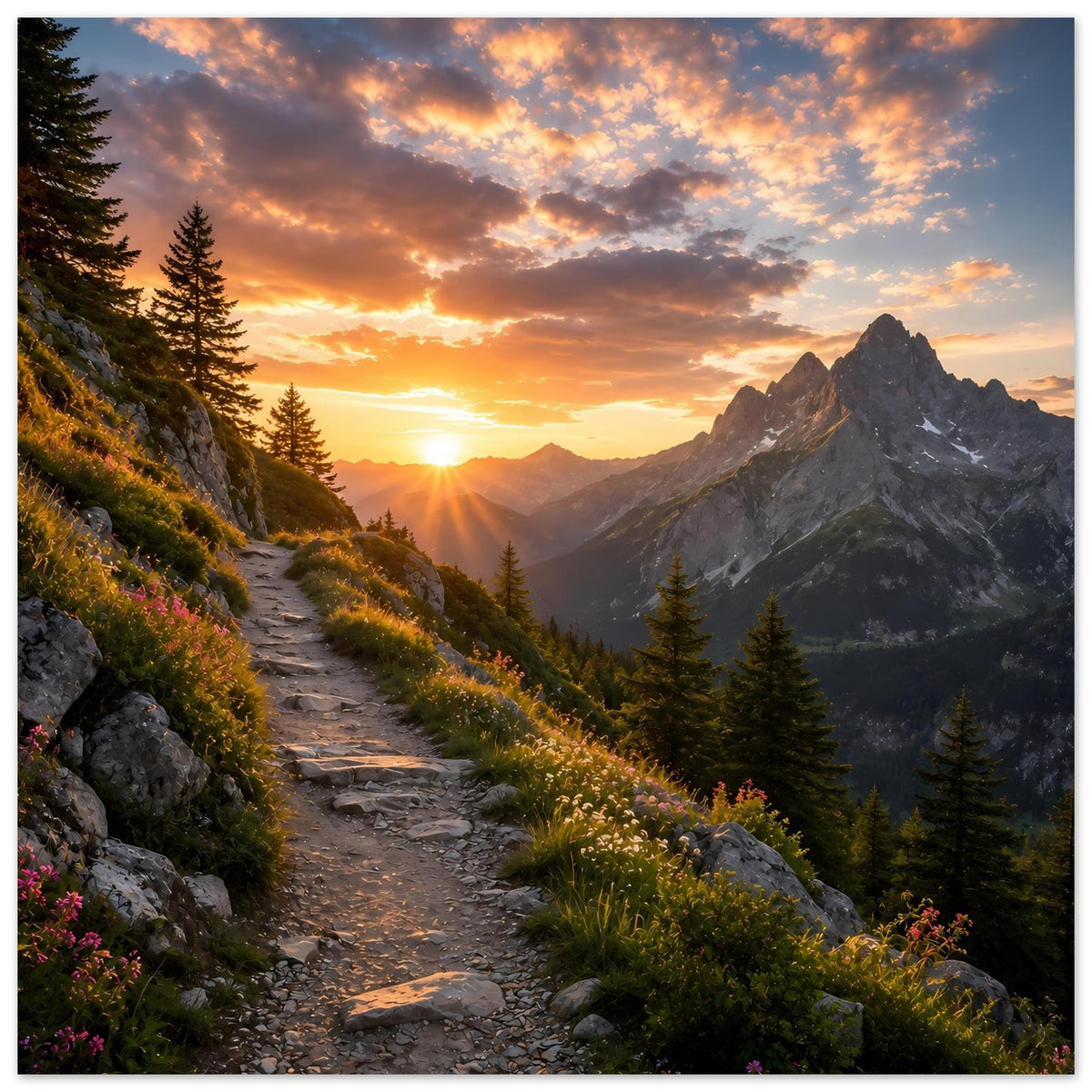 Landschaftsposter mit schmalem Steinpfad durch Bergwiese, Tannen und aufgehender Sonne