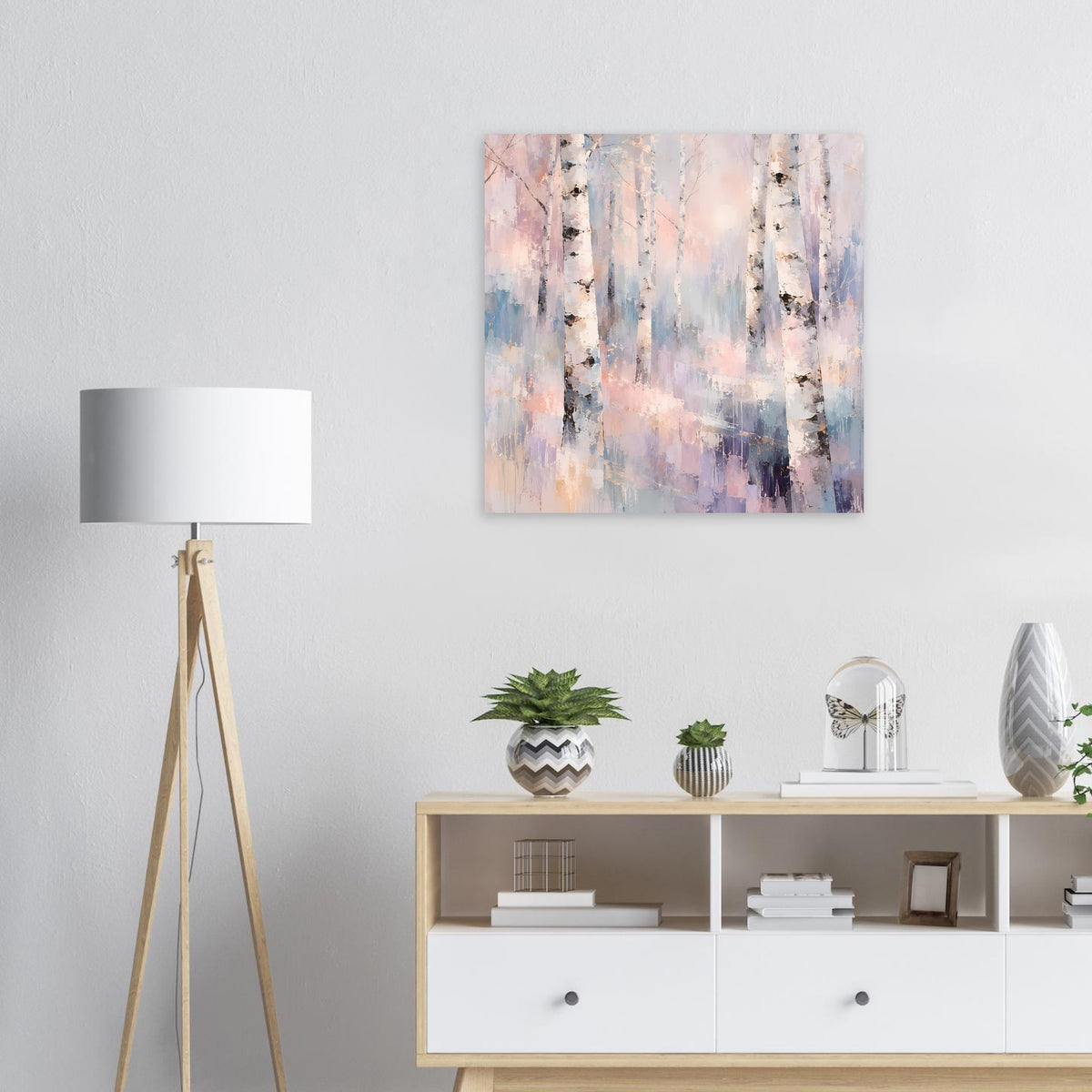 Naturposter mit Birkenwald in Pastellfarben, quadratisch