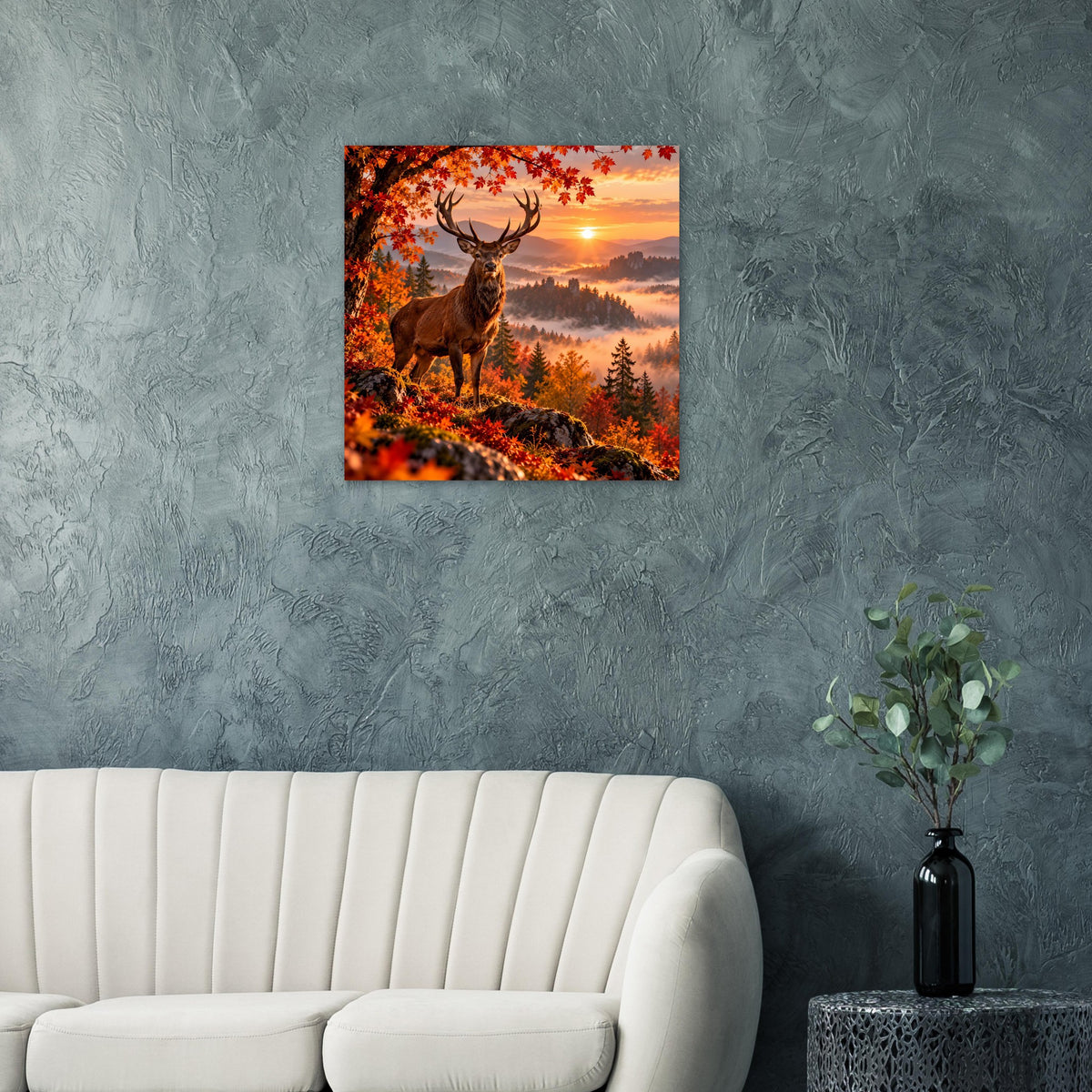Hirsch-Poster: orangefarbene Blätter, Sonnenuntergang, Wald und Geweihhirsch.