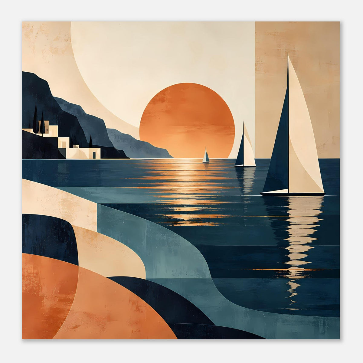 Horizontales Poster mit orangefarbener Sonne, Segelbooten und geometrischen Formen am Ufer