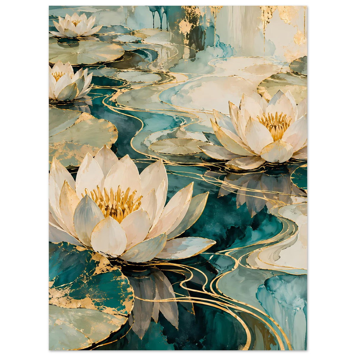 Lotusblüten-Wandposter: zwei große Seerosen mit goldbetonten Wellen und blauen Flächen