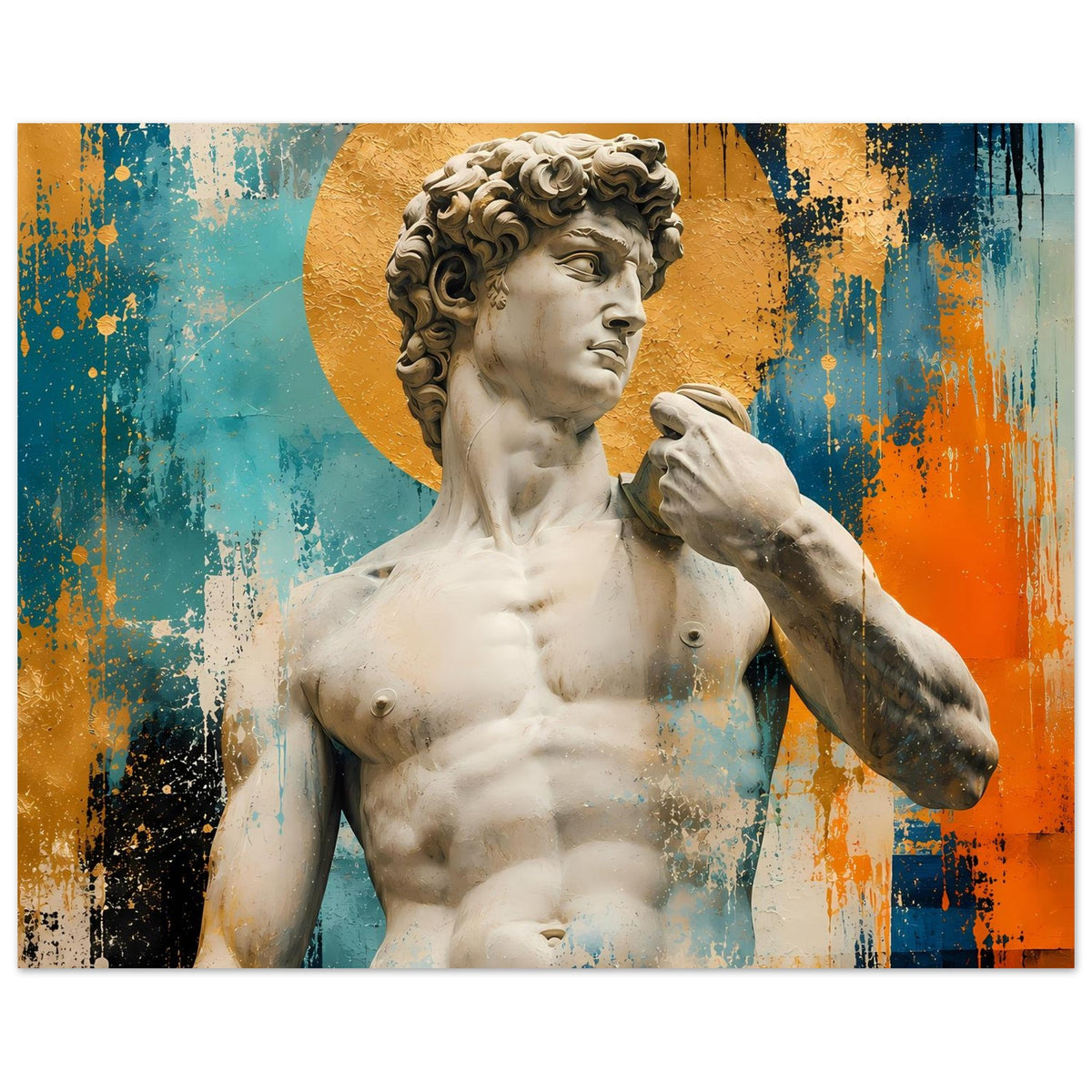Poster mit Michelangelos David, stehende Statue vor goldenem Kreis