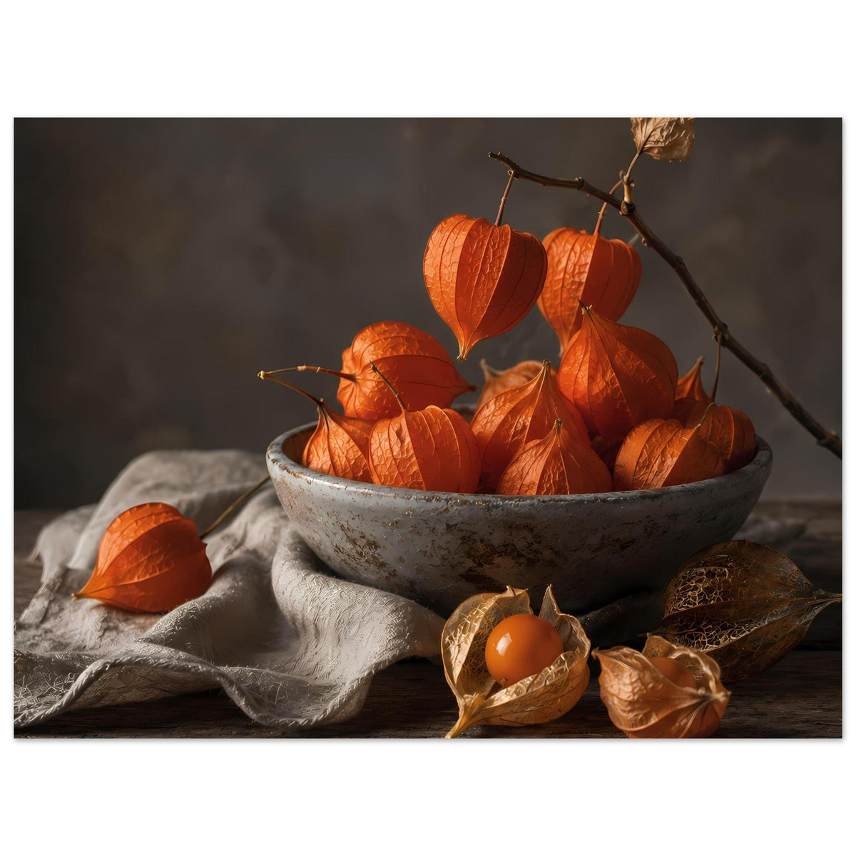 Herbstposter: Schüssel mit orangefarbenen Blättern, Tuch, Zweig und Nussfrüchten