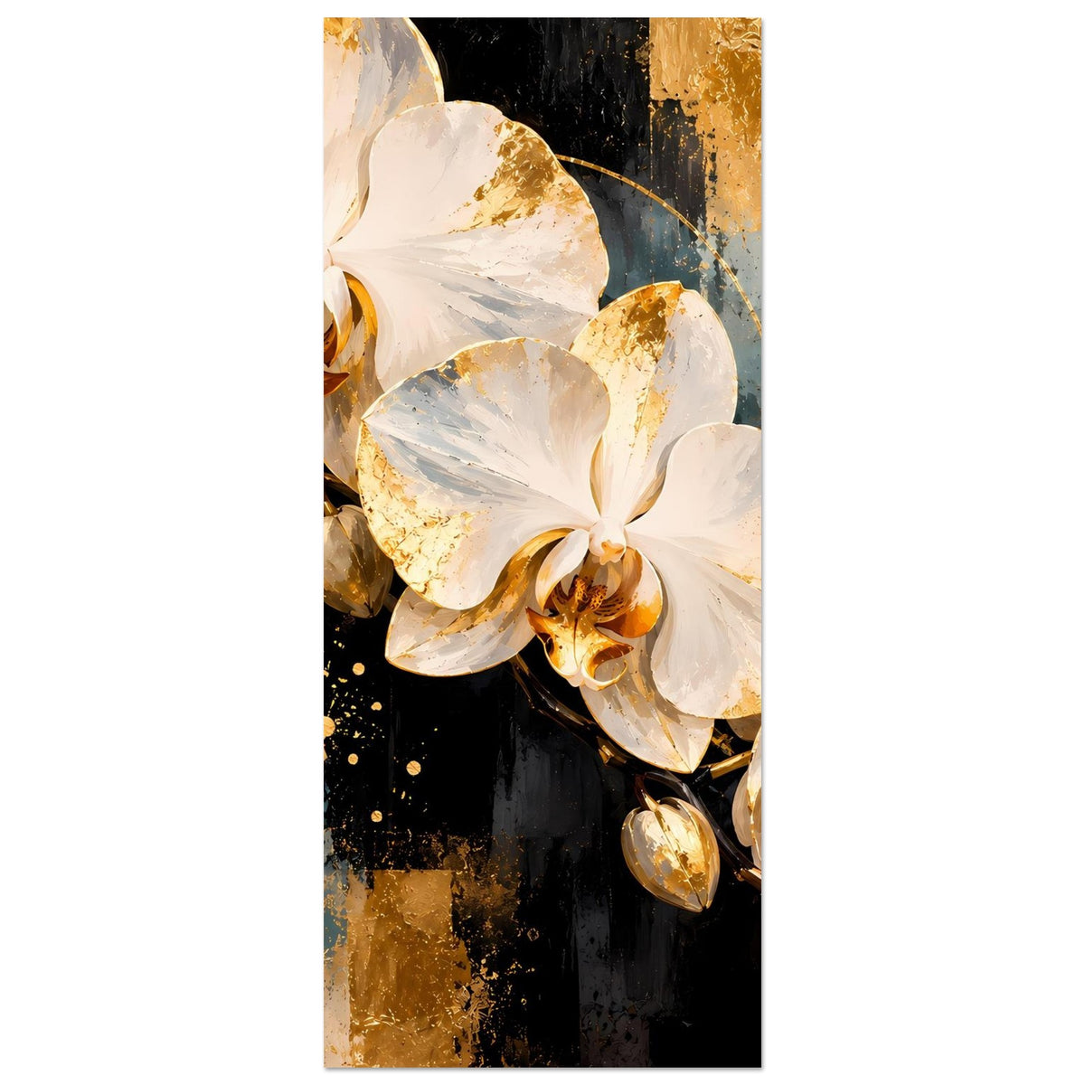 Hochformat-Poster mit weißen Orchideenblüten und goldenen Akzenten, vertikaler Zuschnitt