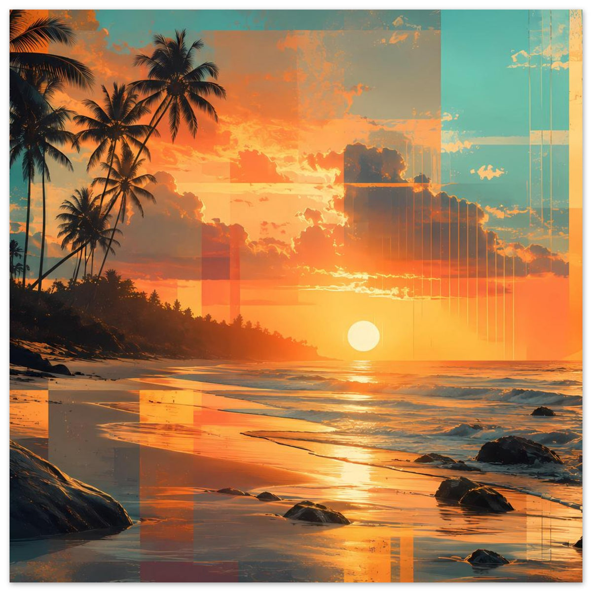 Horizontales Strandposter mit Palmen, leuchtender Sonne und Küstenlinie bei Sonnenuntergang
