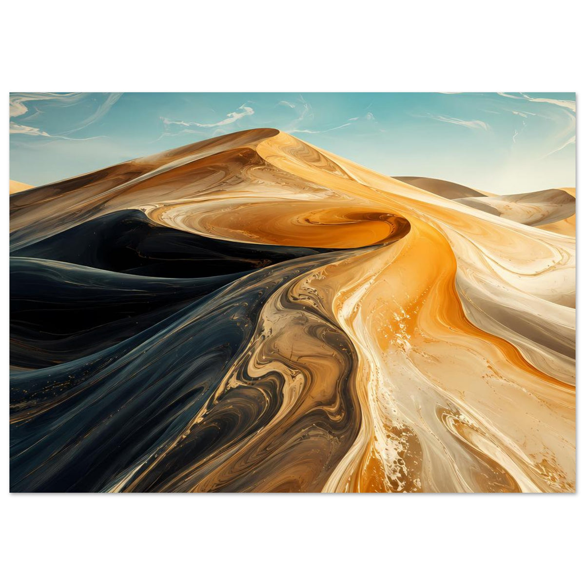 Abstraktes Wüstenwellen-Poster mit Sandwellen in Creme, Orange und Dunkelbraun, horizontal