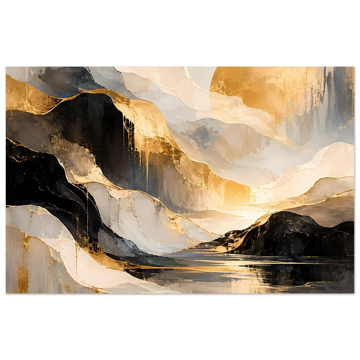 Kunstposter mit abstrakter Gold-, Schwarz- und Cremelandschaft, horizontal im Rahmen