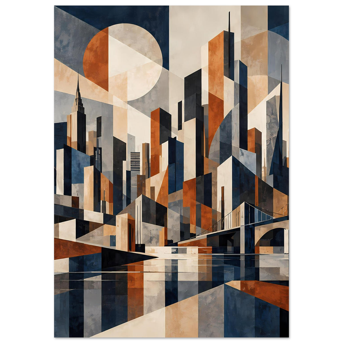 Hochkant-Poster mit geometrischer Stadtsilhouette (Marineblau/Rostrot) und Bogen rechts