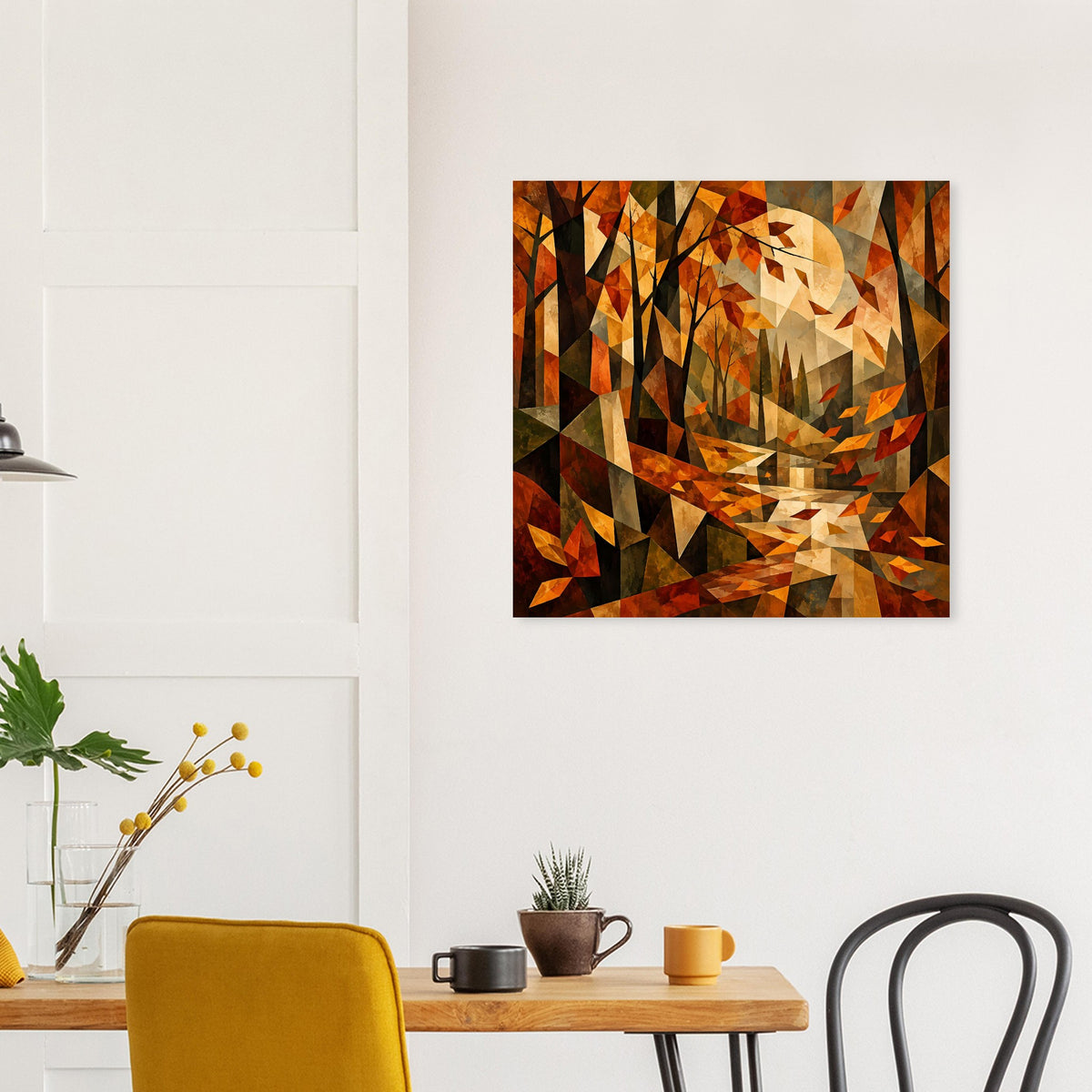 Quadratisches Poster mit kubistischer Herbstlandschaft, dreieckige Formen in Braun, Orange und Creme.