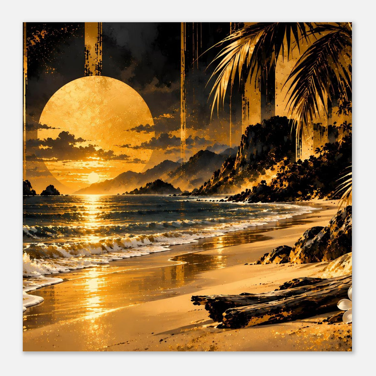 Kunstposter mit goldenem Sonnenuntergang, Palmen, Sandstrand und spiegelnden Wellen