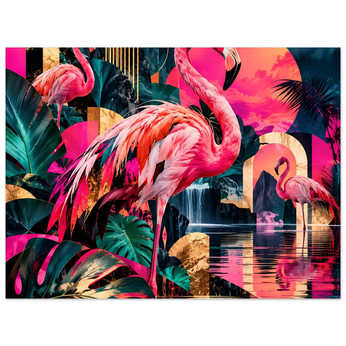 Poster-Detail: pinkes Flamingo-Paar, tropische Pflanzen und spiegelnde Wasserlinien