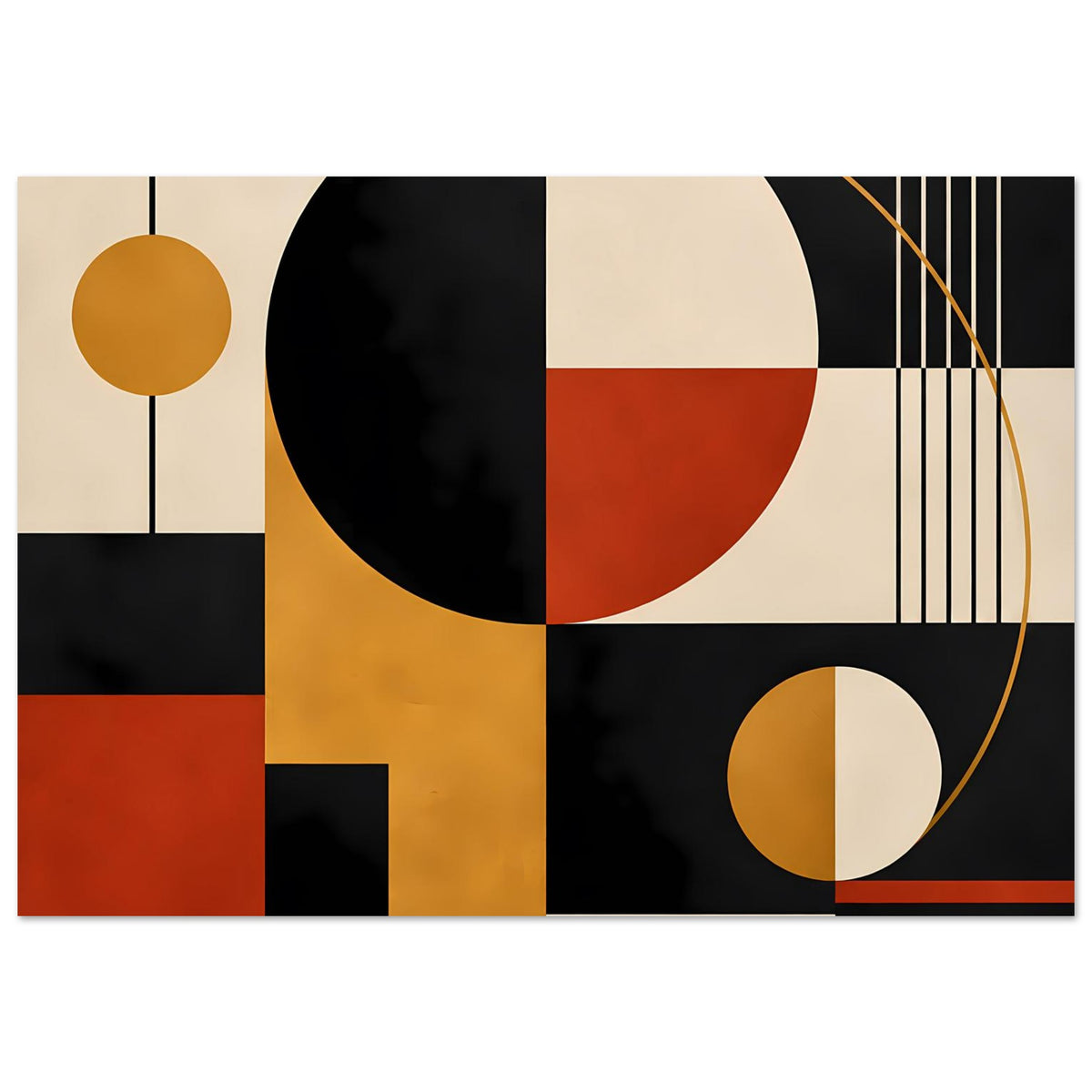 Geometrischer Kunstdruck mit Kreis-Formen, Rechtecken und feinen Linien in Schwarz, Rot und Gelb
