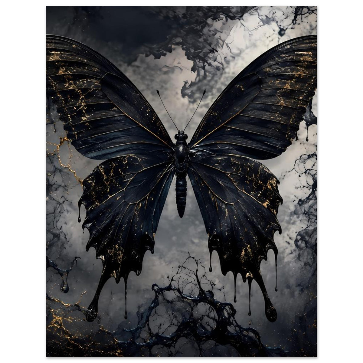 Poster mit schwarzem Schmetterling, goldene Adern, zentrale Darstellung mit breitem Rand