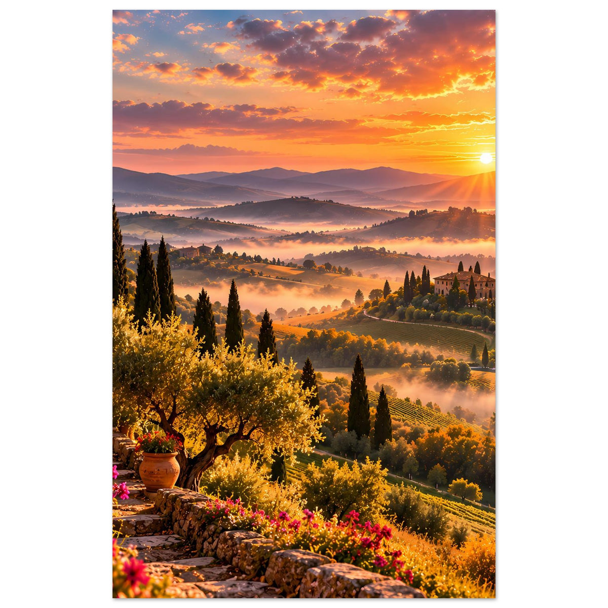 Poster mit toskanischer Landschaft bei Sonnenuntergang, Zypressen und Talnebel, warme Sonnenstrahlen