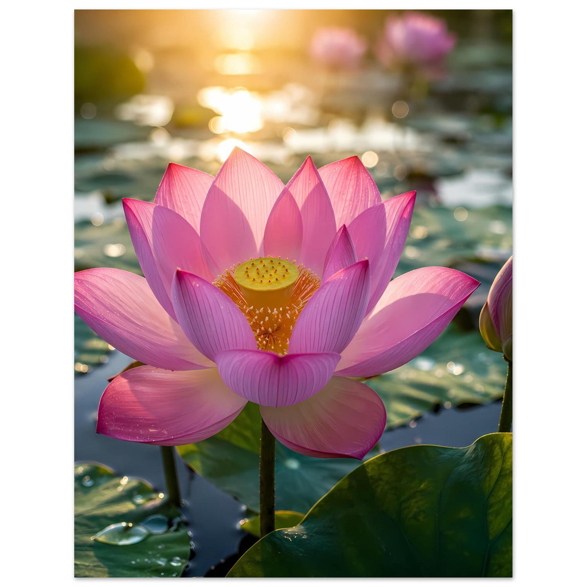 Poster mit rosa Lotusblüte im Wasser, volle Blume mit gelbem Blütenzentrum.