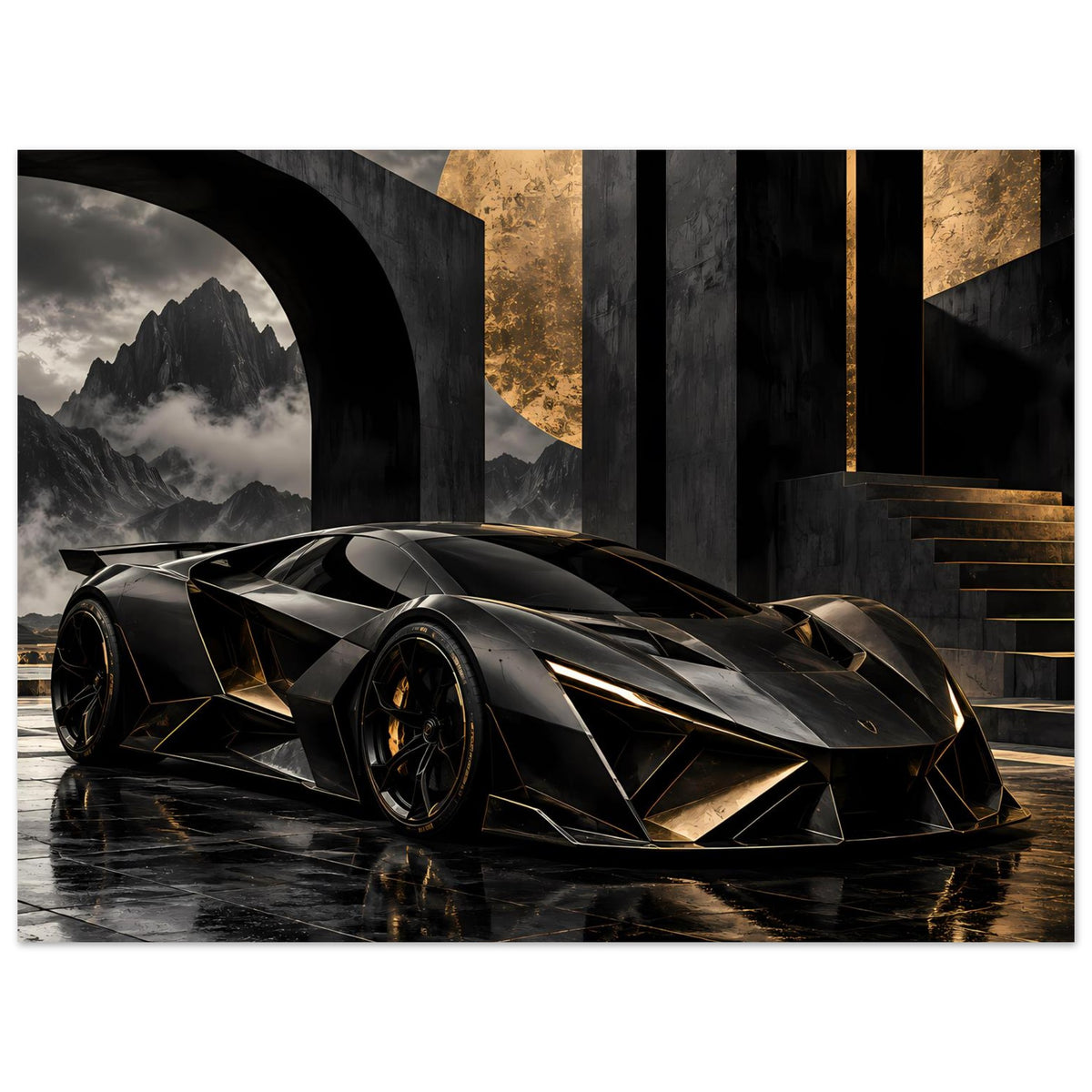 Futuristisches Supersportwagen-Poster: schwarzes Hypercar, goldene Kanten, breiter 3/4 Blick