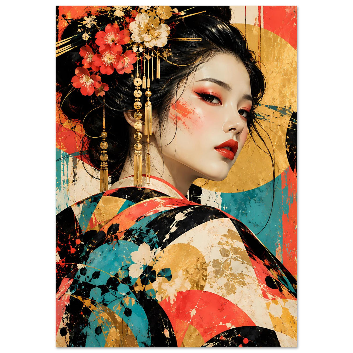 Kunstdruck Geisha: Nahaufnahme Gesicht, rote Lippen, Blumen und goldener Haarschmuck