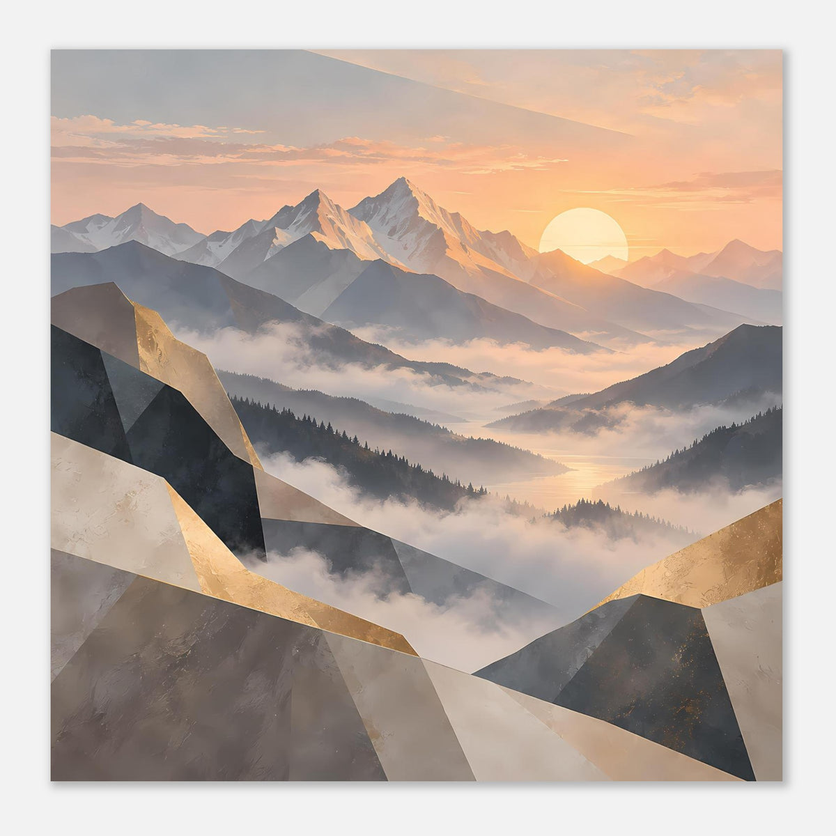 Quadratisches Poster mit Sonnenaufgang über Bergen, Pastellfarben und goldenen Diagonalen