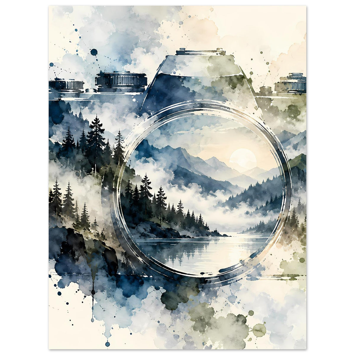 Aquarellposter mit Vintage-Kamera-Motiv: Nebelberge, Tannenwald und Wasser im Kreisfenster