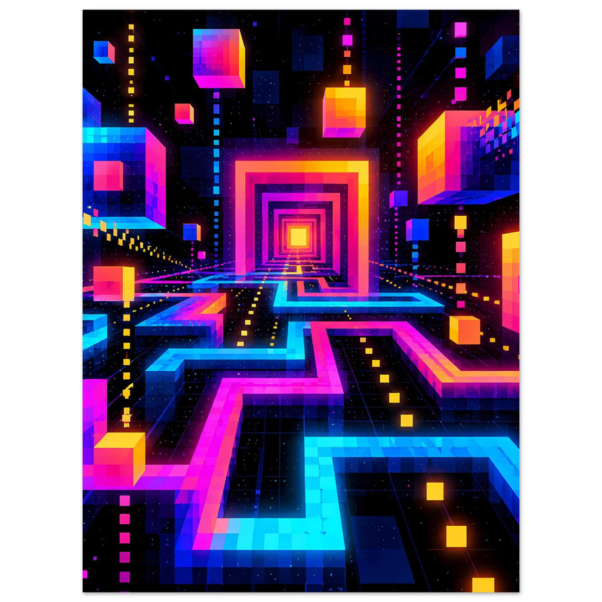 Neon-Labyrinth-Poster im Hochformat, farbige Flächen und leuchtende Achse zur zentralen Zielscheibe