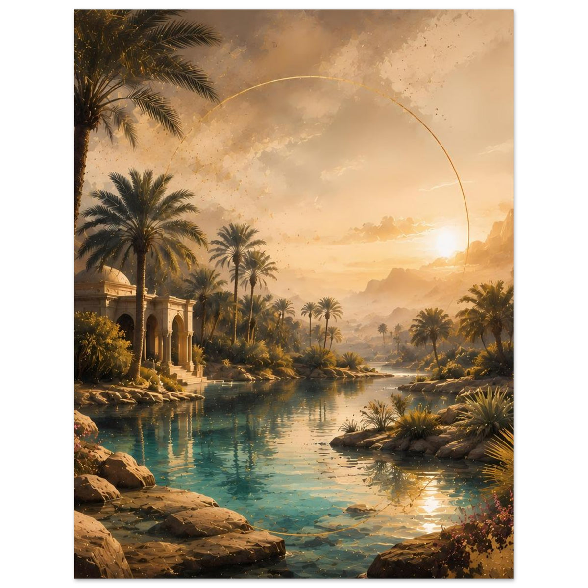 Wandposter mit Wüstenoase: Palmen, Seeufer, Pavillon links und goldener Sonnenbogen-Linie