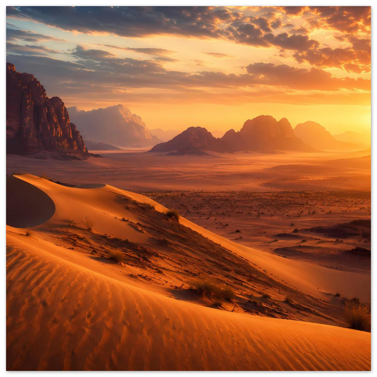 Poster mit Wüstenlandschaft bei Sonnenuntergang: orange Dünen, Felsen und wolkiger Himmel