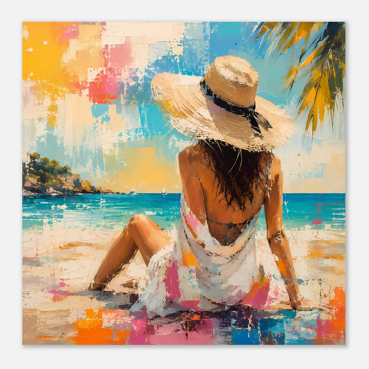 Sommerposter mit Frau im Strohhut am Strand, abstrakte Maltechnik, sitzende Beine sichtbar