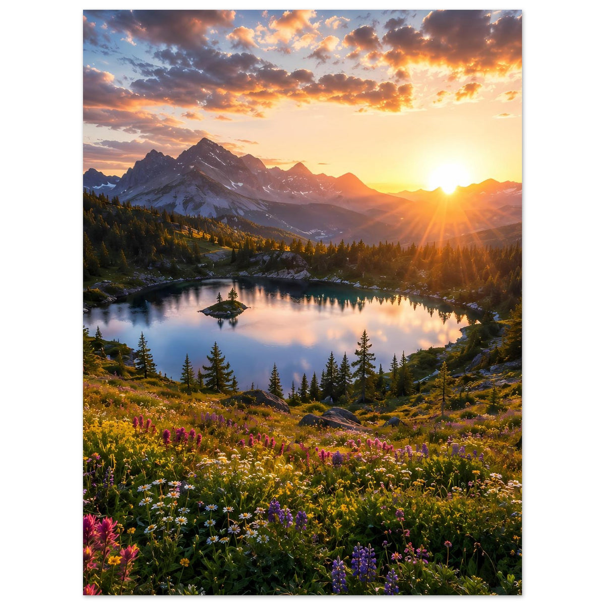Wandposter mit Sonnenuntergang über Bergsee, Tannenwald und Blumenwiese im Vordergrund