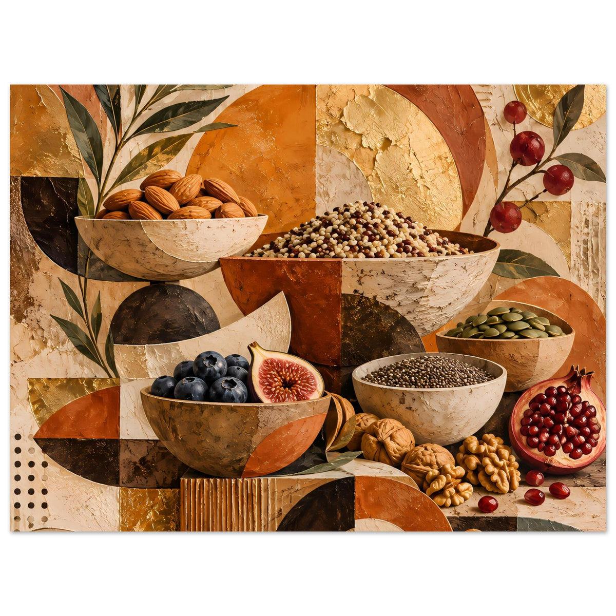 Poster mit rustikalem Stillleben: Schalen mit Beeren, Nüssen und Gewürzen in warmen Farben