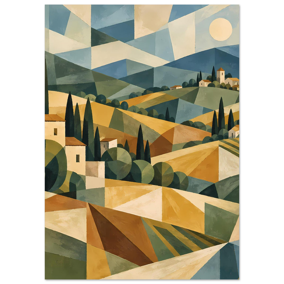 Poster im Hochformat mit geometrischer Toscana-Landschaft, Streifenmuster rechts und Hügel
