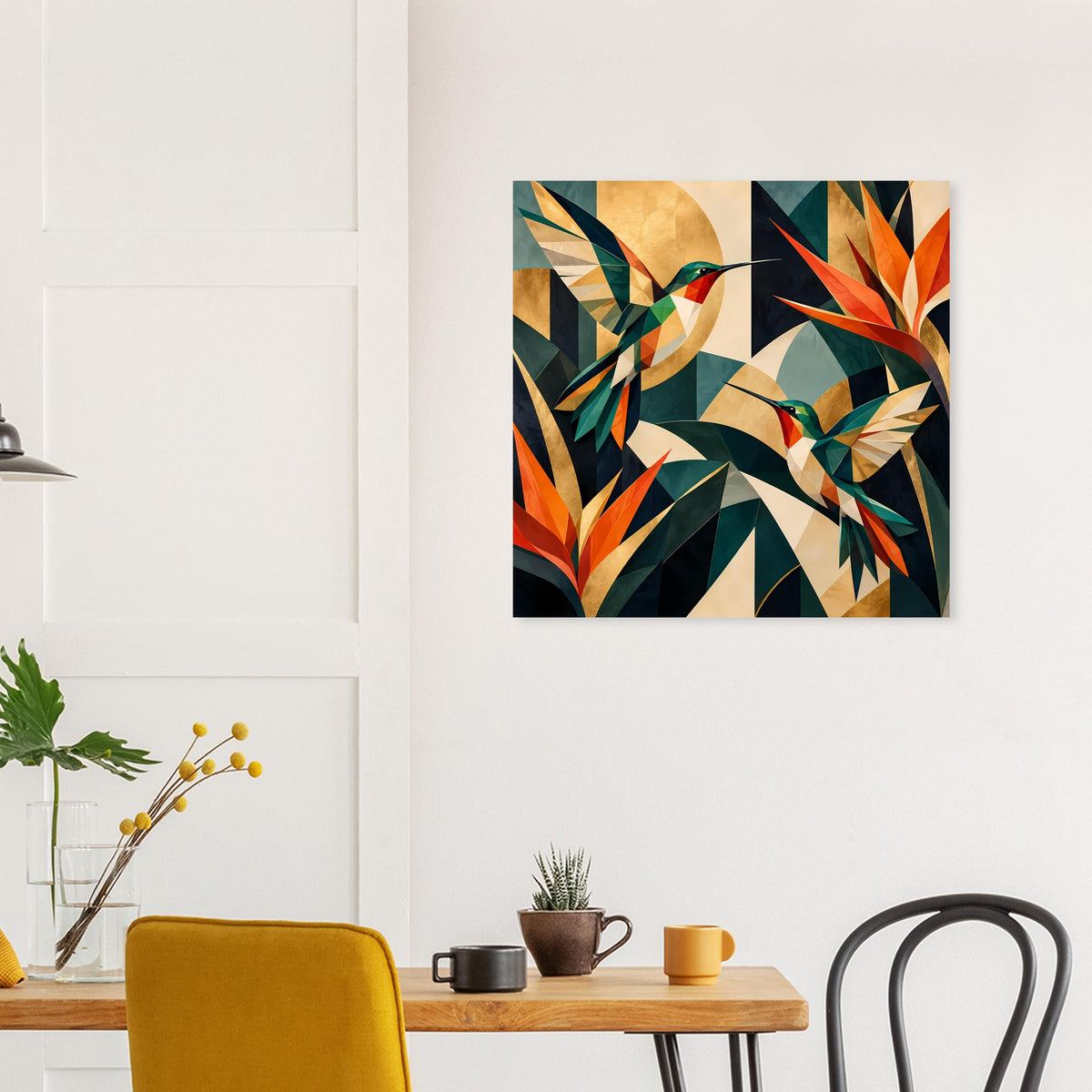 Quadratischer Kunstdruck mit geometrischen Kolibris, orange-grüne Akzente