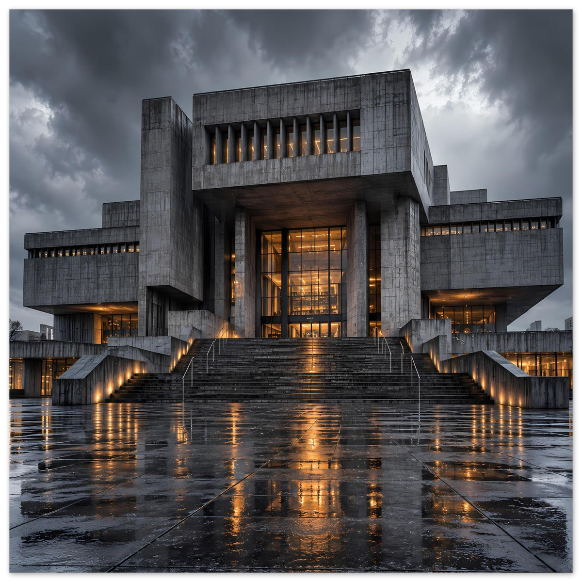 Architekturposter mit mittigem Betongebäude, warmen Lichtern und spiegelndem Vorplatz