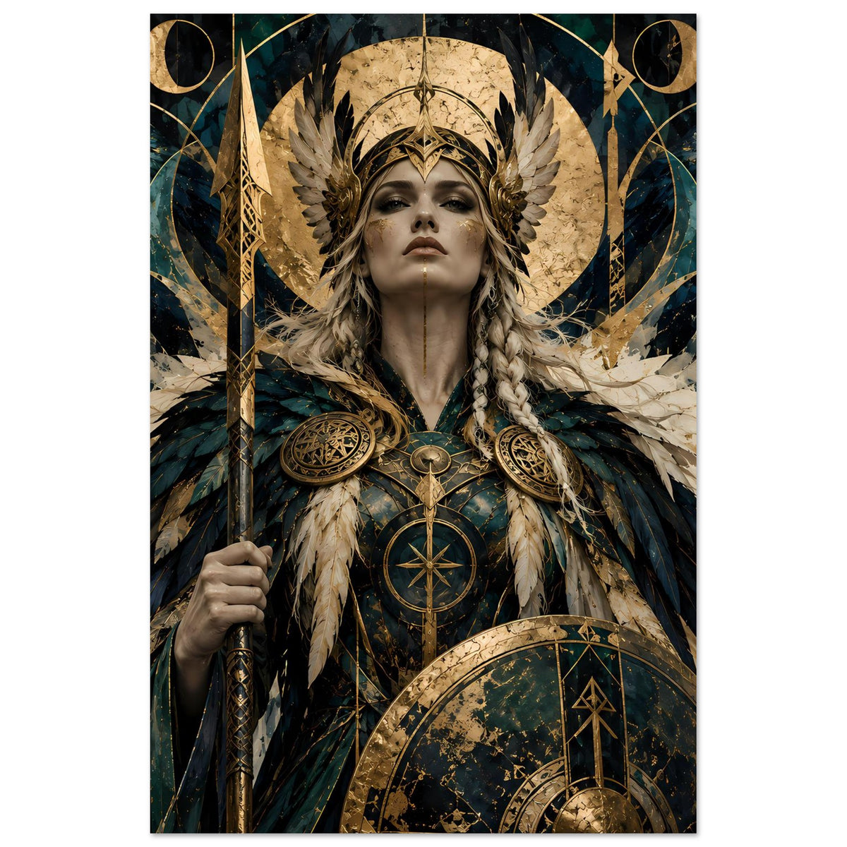 Hochformatiges Wikinger-Kriegerinnen-Poster in Petrol und Gold, mit Helm, Emblem und Schild