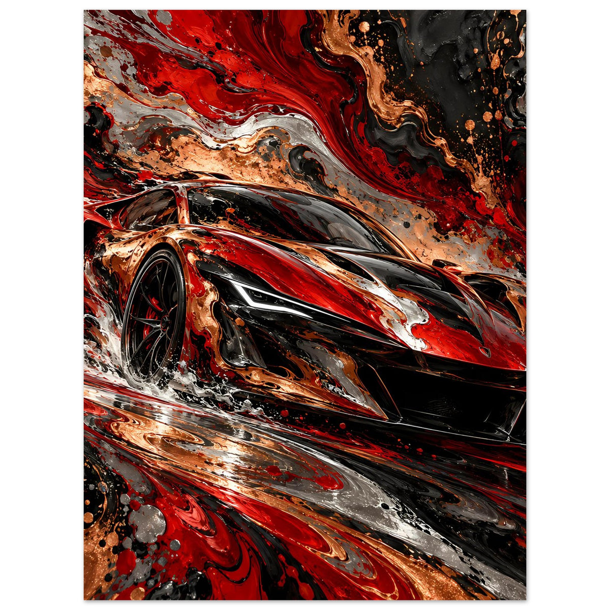 Abstraktes Sportwagen-Poster mit 3/4-Ansicht, markantes Kupferrot-Schwarz-Design mit Spritztexturen