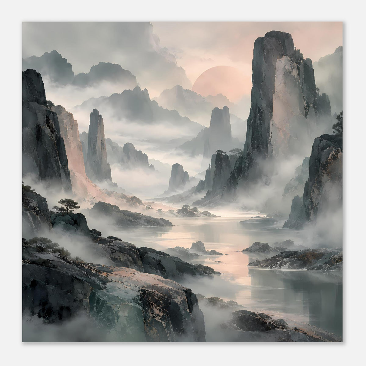 Wandposter im Querformat: neblige Berge, hohe Felsgipfel und ruhige Wasserfläche, Pastell
