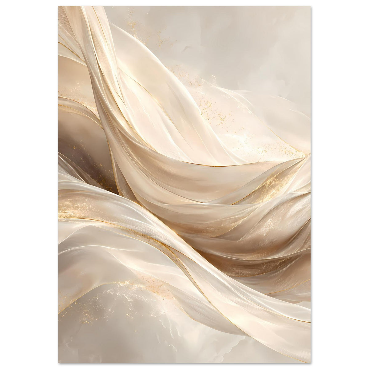 Abstraktes Leinwand-Poster mit cremefarbenen und goldenen Stofffalten, vertikal