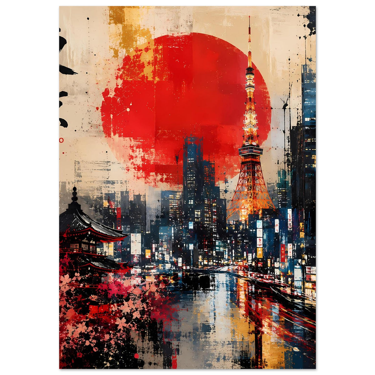 Abstraktes Poster (hoch) mit Tokyo Tower, rotem Sonnenkreis und urbanem Flussweg