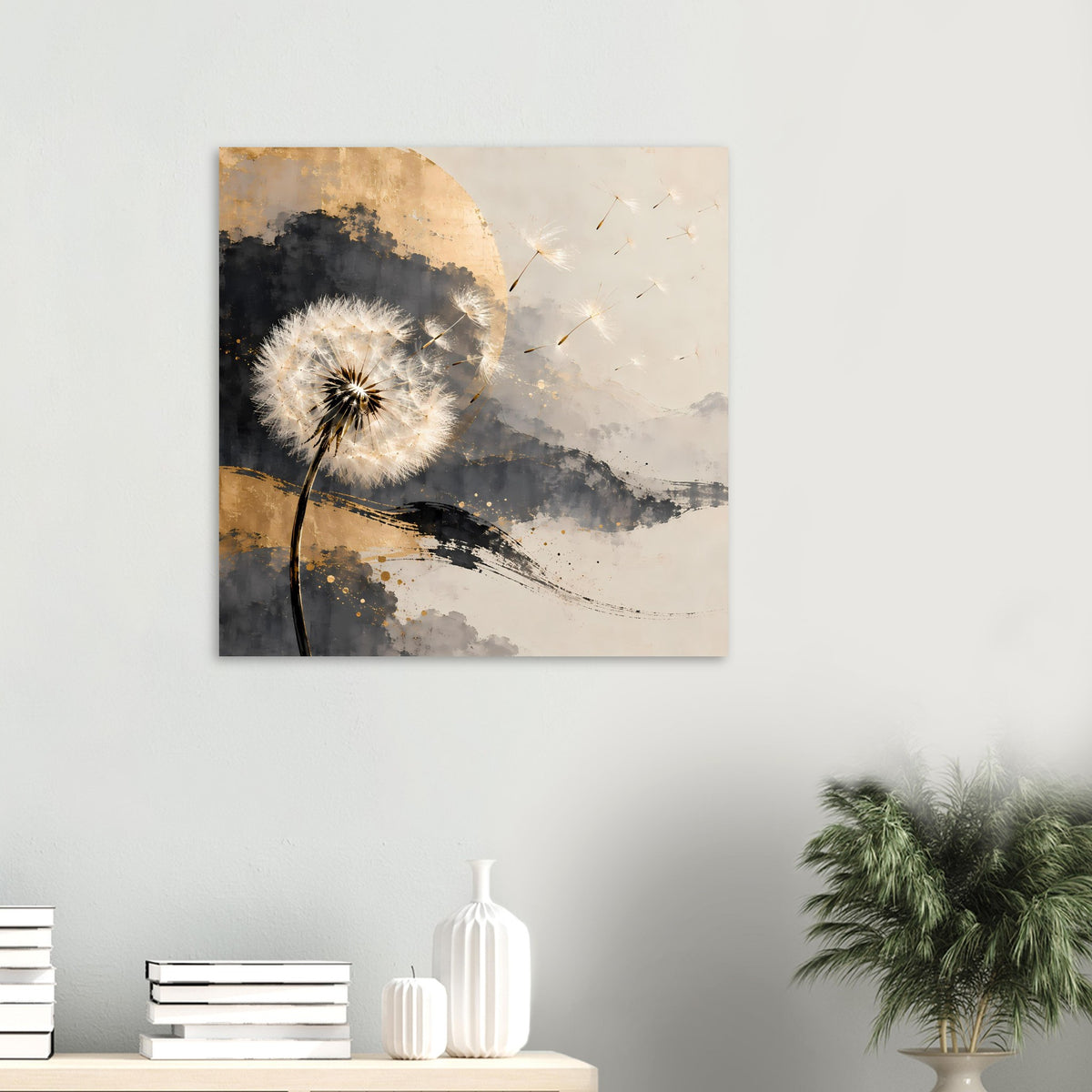Kunstposter mit Pusteblume, helle Gold- und Grautöne, feine Samenlinien, abstrakt